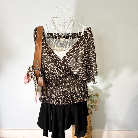 Cute vintage y2k leopard print babydoll wrap blouse top - Picture 2 of 7